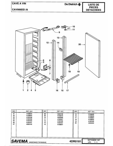 Pièces détachées DE DIETRICH CAV999DD 4DR0181 Annee 0 4DR0181 