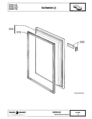 Pièces détachées DE DIETRICH DFS611JE 4DR0332 Annee 0 4DR0332 