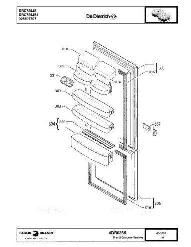 Pièces détachées DE DIETRICH DRC725JE 4DR0365 Annee 0 4DR0365 