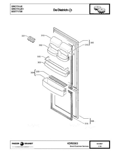 Pièces détachées DE DIETRICH DRC731JE 4DR0363 Annee 0 4DR0363 