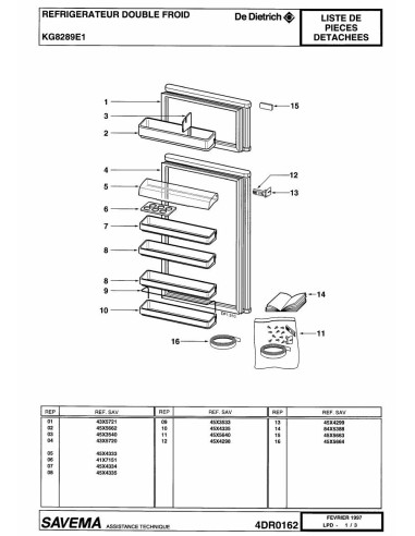 Pièces détachées DE DIETRICH KG8289ES 4DR0162 Annee 0 4DR0162 