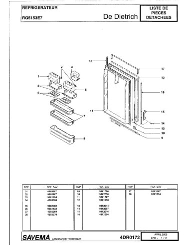 Pièces détachées DE DIETRICH RG5153E7 4DR0172 Annee 0 4DR0172 