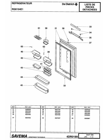 Pièces détachées DE DIETRICH RG6154E1 4DR0189 4DR0208 Annee 0 4DR0189 