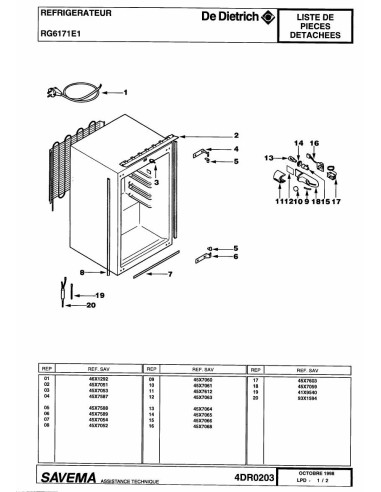 Pièces détachées DE DIETRICH RG6171E1 4DR0203 Annee 0 4DR0203 
