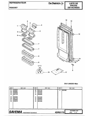 Pièces détachées DE DIETRICH RG6233E7 4DR0175 Annee 0 4DR0175 