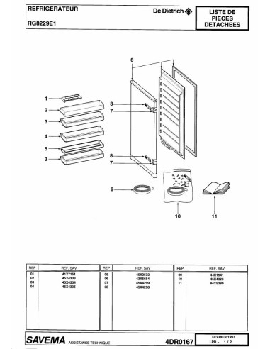 Pièces détachées DE DIETRICH RG8229E1 KG8289E1A RG8229E1A 4DR0167 Annee 0 4DR0167 