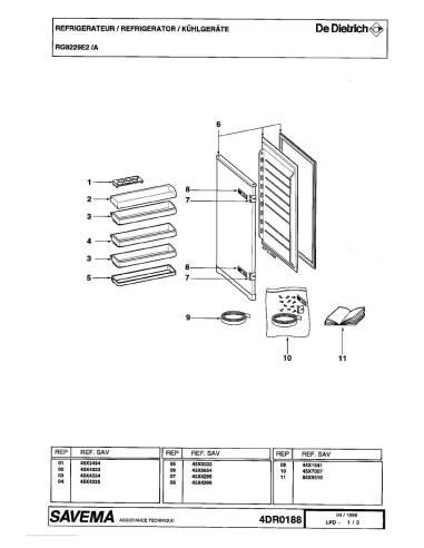 Pièces détachées DE DIETRICH RG8229E2 RG8229E2A 4DR0188 