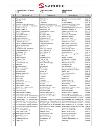 Pièces détachées Éplucheuse à pommes de terre PI-30 - Sammic 