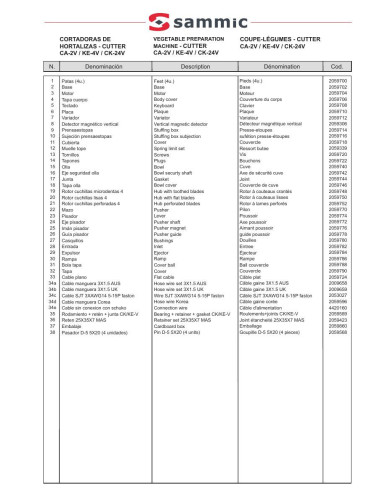 Pièces détachées Coupe-légumes CA-2V - Sammic 
