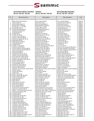 Pièces détachées Batteur-mélangeur BE-20 / BE-20C / BE-20I - Sammic 