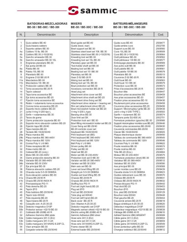 Pièces détachées Batteur-mélangeur BE-30 / BE-30C / BE-30I - Sammic 
