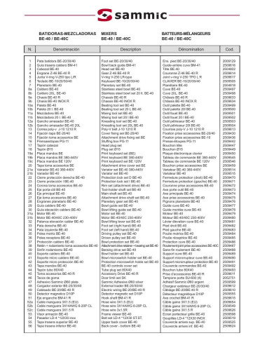 Pièces détachées Batteur-mélangeur BE-40 / BE-40C / BE-40I - Sammic 
