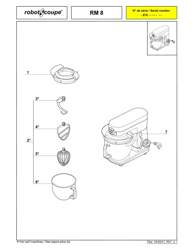 Pièces détachées pour Batteurs - Mélangeurs RM8 - Robot Coupe 