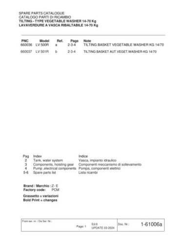 Piéces détachées Lave-Legumes Autom.A/Bac Bascul.Kg 14/70 - LV501R