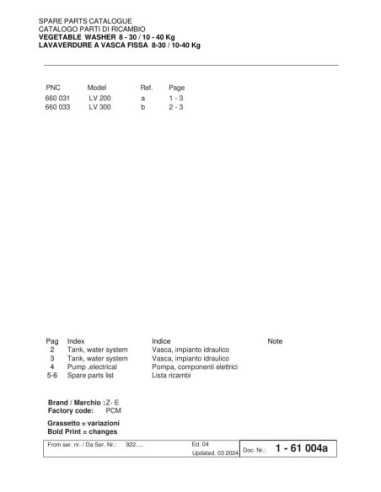 Piéces détachées Lave-Legumes-Cuve Fixe-Charge 10/40Kg - LV300