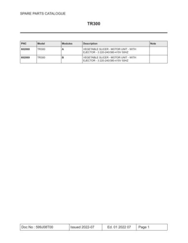 Piéces détachées Bloc Moteur Coupe Legumes Tr300 230/400V - DTR300B