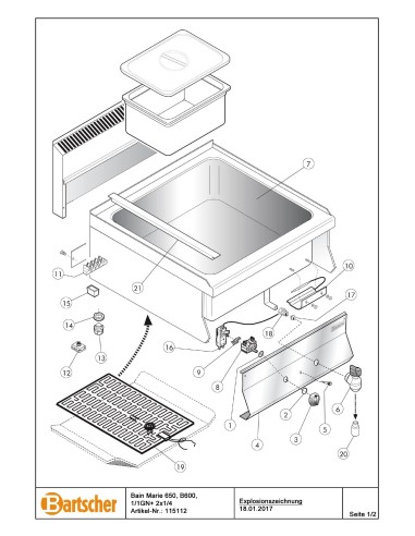 Pièces détachées pour Bain Marie 650, L600, 1/1GN+ 2x1/4 marque Bartsher 