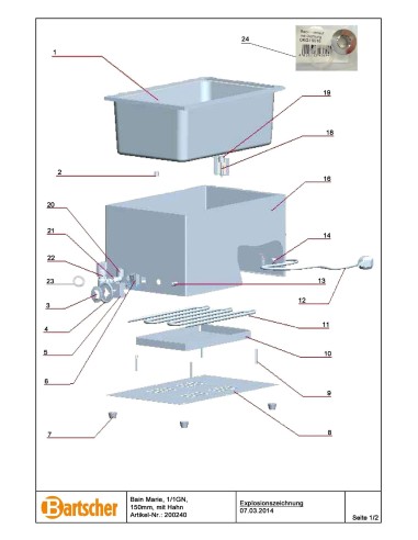 Pièces détachées pour Bain Marie, 1/1GN, 150mm, robinet marque Bartsher 