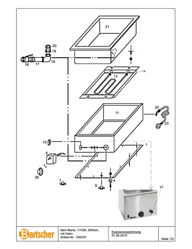 Pièces détachées pour Bain Marie, 1/1GN, 200mm, robinet marque Bartsher 