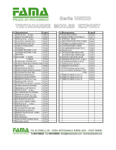 Pièces détachées FAMA TRITACARNE Mod.22 EXPORT Serie UNIKO Annee 0 - FAMA TRITACARNE Mod.22 EXPORT Serie UNIKO - Annee 0 - Fama