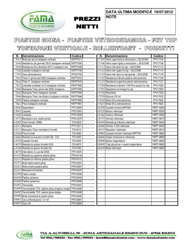 Pièces détachées FAMA PIASTRA VETROCERAMICA MEDIA UPM Annee 2012 - FAMA PIASTRA VETROCERAMICA MEDIA UPM - Annee 2012 - Fama