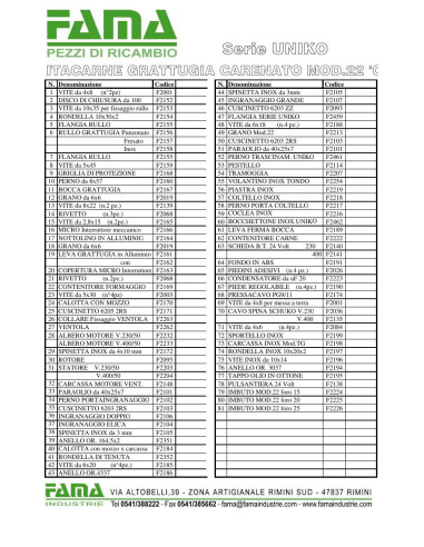 Pièces détachées FAMA TRITACARNE GRATTUGIA CARENATO Mod.22 CE Serie UNIKO Annee 0 - FAMA TRITACARNE GRATTUGIA CARENATO Mod.22 CE