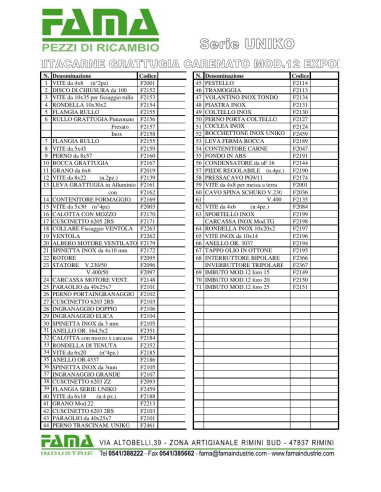Pièces détachées FAMA TRITACARNE GRATTUGIA CARENATO Mod.12 EXPORT Serie UNIKO Annee 0 - FAMA TRITACARNE GRATTUGIA CARENATO Mod.1