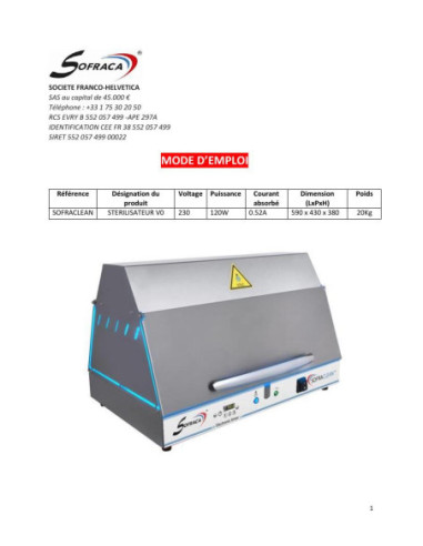 Pièces détachées SOFRACLEAN - Stérilisateur UVC 120